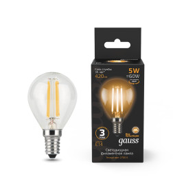 Лампа светодиодная, шар, Е14, 5Вт, 220в., 2700K, Filament Globe Gauss