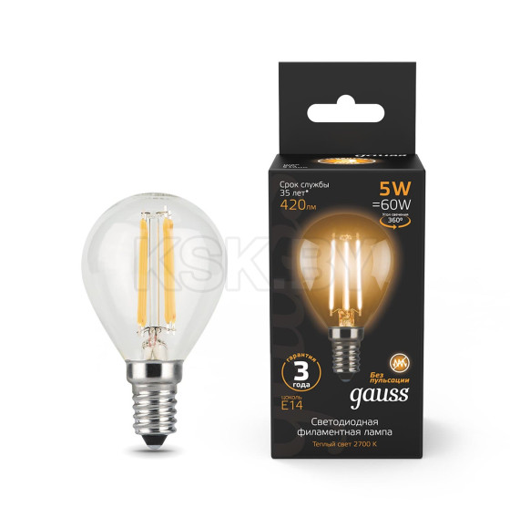 Лампа светодиодная, шар, Е14, 5Вт, 220в., 2700K, Filament Globe Gauss (105801105) 