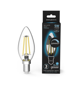 Лампа Gauss Filament Свеча 5W 450lm 4100К Е14 диммируемая LED 