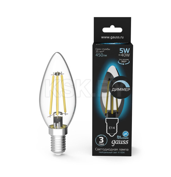 Лампа Gauss Filament Свеча 5W 450lm 4100К Е14 диммируемая LED  (103801205-D) 