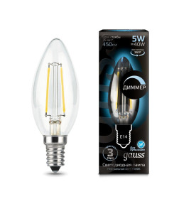 Лампа Gauss Filament Свеча 5W 450lm 4100К Е14 диммируемая LED 