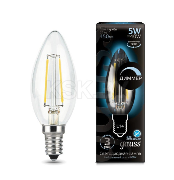 Лампа Gauss Filament Свеча 5W 450lm 4100К Е14 диммируемая LED  (103801205-D) 