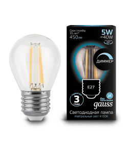 Лампа Gauss Filament Шар 5W 450lm 4100К Е27 диммируемая LED 