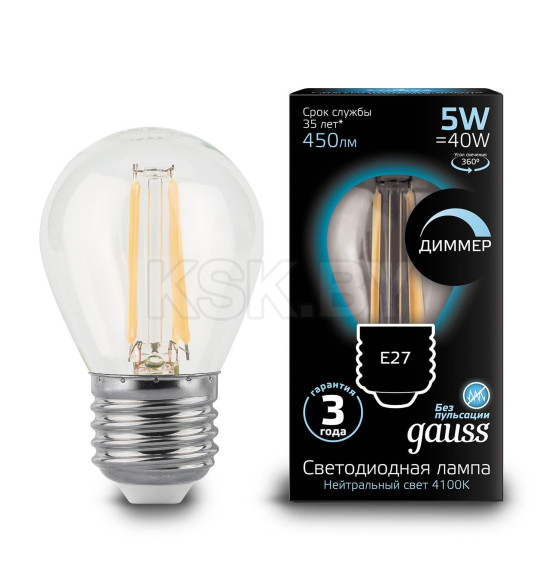 Лампа Gauss Filament Шар 5W 450lm 4100К Е27 диммируемая LED  (105802205-D) 