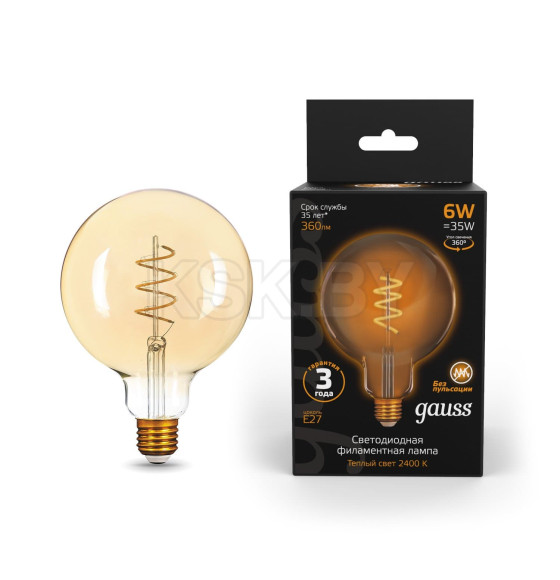 Лампа светодиодная Е27 G125 6W 360lm 2400К golden flexible Gauss Filament 158802008 (158802008) 