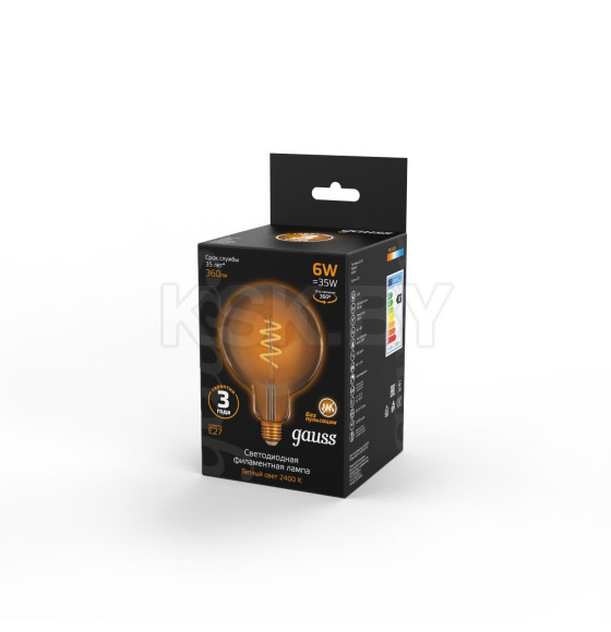 Лампа светодиодная Е27 G125 6W 360lm 2400К golden flexible Gauss Filament 158802008 (158802008) 