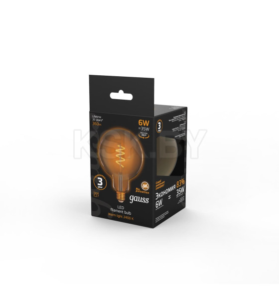 Лампа светодиодная Е27 G125 6W 360lm 2400К golden flexible Gauss Filament 158802008 (158802008) 