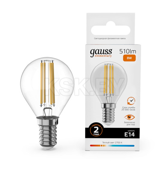 Лампа Gauss Filament Elementary Шар 8W 510lm 2700К Е14 LED  (52118) 