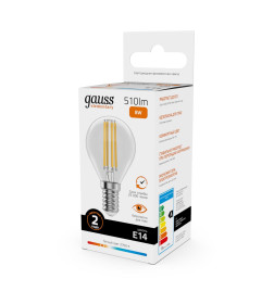 Лампа Gauss Filament Elementary Шар 8W 510lm 2700К Е14 LED 