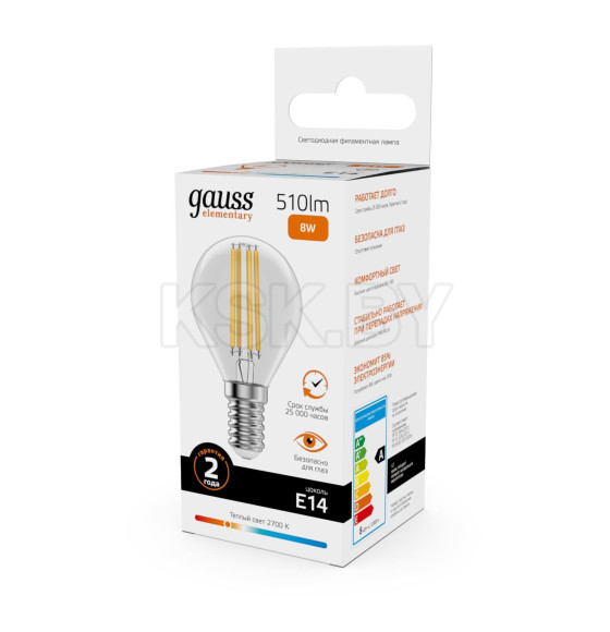 Лампа Gauss Filament Elementary Шар 8W 510lm 2700К Е14 LED  (52118) 