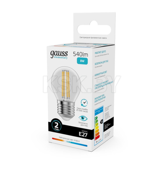 Лампа Gauss Filament Elementary Шар 8W 540lm 4100К Е27 LED  (52228) 