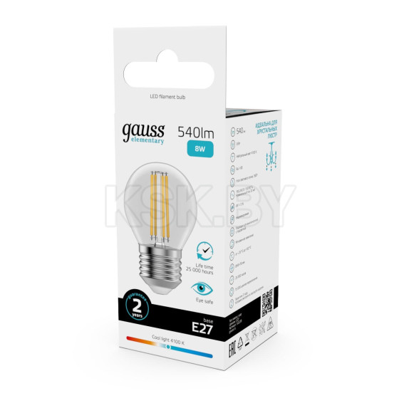 Лампа Gauss Filament Elementary Шар 8W 540lm 4100К Е27 LED  (52228) 