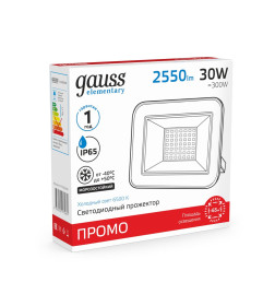 Прожектор Gauss Elementary 30W 2550lm 6500К 200-240V IP65 PROMO черный LED 