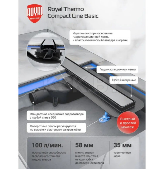 Трап душевой Royal Thermo с сухим затвором Compact Line Basic 600 (НС-1650429) 