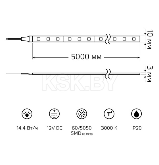 Лента Gauss LED Elementary 5050/60 12V 14.4W 3000K 10mm IP20 5m (ZIP bag)  (355000114) 