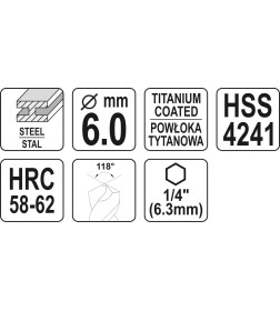Сверло по металлу фрезеровальное 6,0мм. HSS-TiN HEX YATO