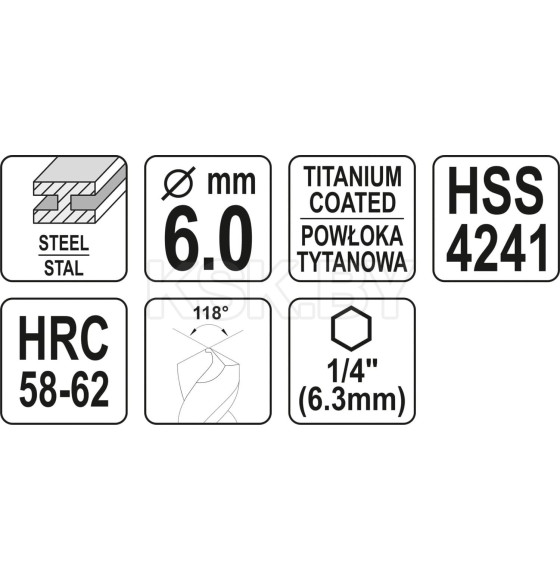 Сверло по металлу фрезеровальное 6,0мм. HSS-TiN HEX YATO (YT-44823) 