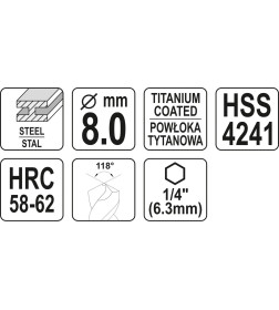 Сверло по металлу фрезеровальное 8,0мм. HSS-TiN HEX YATO