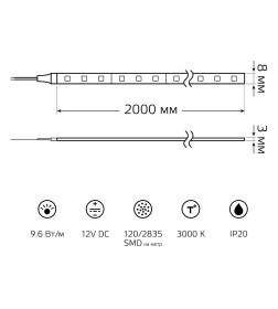 Лента Gauss Basic LED 2835/120 12V 9,6W/m 624lm/m 3000K 8mm IP20 2m 