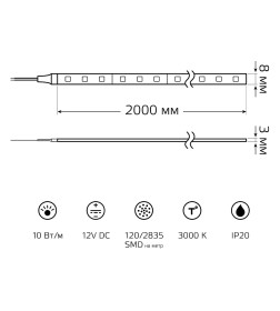 Лента Gauss Basic LED 2835/120 12V 10W/m 700lm/m 3000K 8mm IP20 2m 