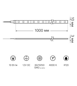 Лента Gauss Basic LED 5050/60 12V 10W/m 700lm/m 4000K 10mm IP20 1m 