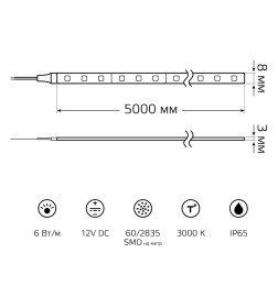 Лента Gauss Basic в комплекте LED 2835/60 12V 6W/m 600lm/m 3000K 8mm IP65 5m 