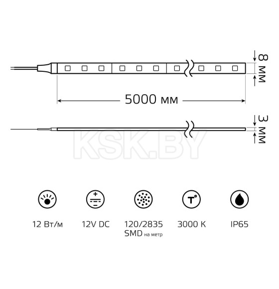 Лента Gauss Basic в комплекте LED 2835/120 12V 12W/m 1200lm/m 3000K 8mm IP65 5m  (BT070) 