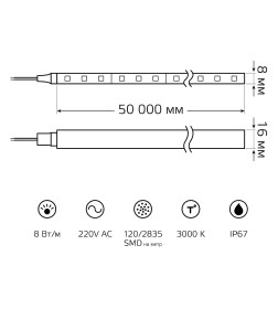 Лента Gauss LED 2835/120-SMD 8W 220V 200lm/m 3000K NEON (8х16мм) IP67 (50м)