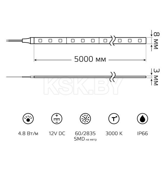 Лента Gauss LED Elementary 2835/60 12V 4.8W 3000K 8mm IP66 5m (ZIP bag)  (356000105) 