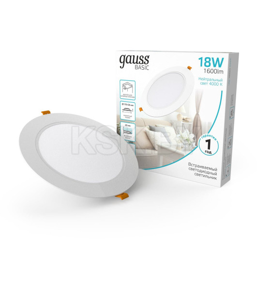 Светильник встраиваемый LED 18W 1600lm 4000K 170-260V IP20 170х26 мм круг (белый) Gauss Basic Downlight 9030420218 (9030420218) 