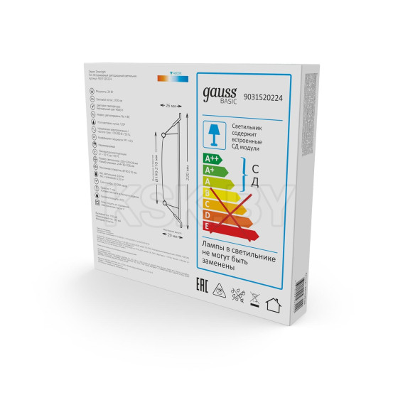 Светильник встраиваемый LED 24W 2100lm 4000K 170-260V IP20 220х26 мм квадрат (белый) Gauss Basic Downlight 9031520224 (9031520224) 