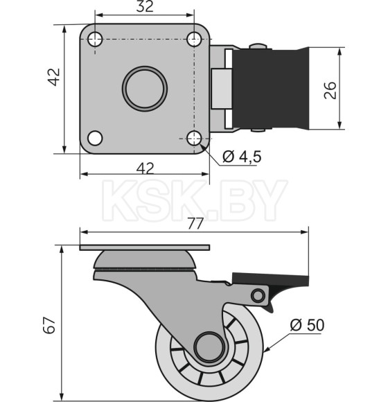 Колесо мебельное SHIFT 50 с тормозом KM-BH50ММ-00,прозрачное (11086) 