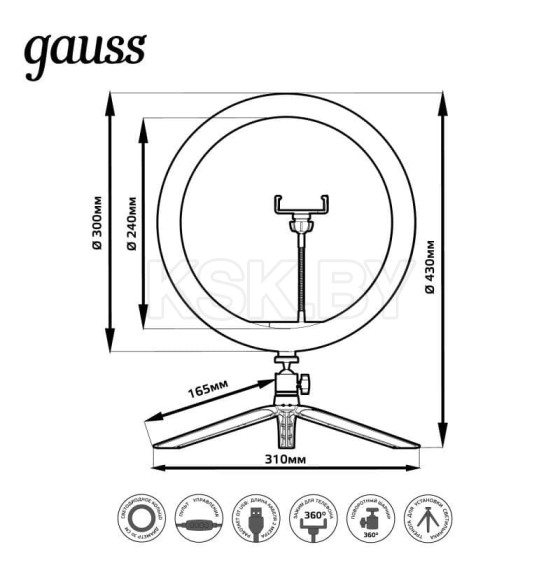 Кольцевая светодиодная лампа RL003 с комплектом креплений для установки телефона 30 см 15Вт ПУ Gauss (RL003) 