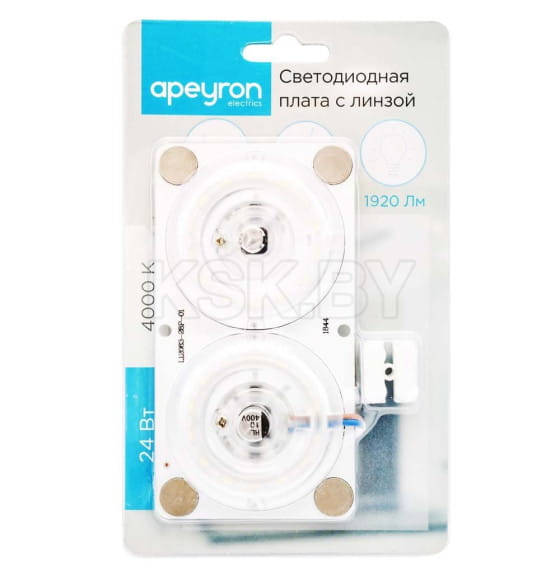 Плата светодиодная, 220В, 24Вт, smd2835, IP20, 80Лм/Вт, 4000 К, 120*63мм, прямоугольная с линзой,б/п Apeyron (02-16) 