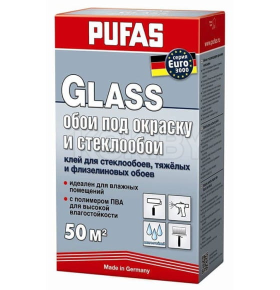 Клей обойный "PUFAS GLASS" для стеклообоев, тяжелых и флизелиновых , (50 м2) 500 г