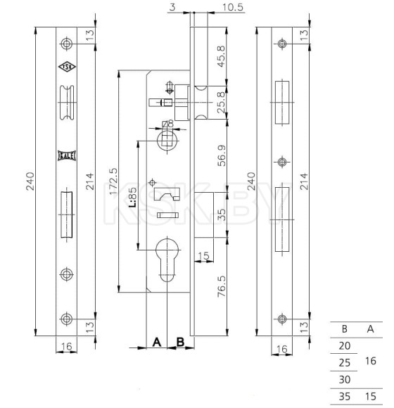 Корпус врезного замка KALE KILIT 153Р-85BS35-16CP (25898) 