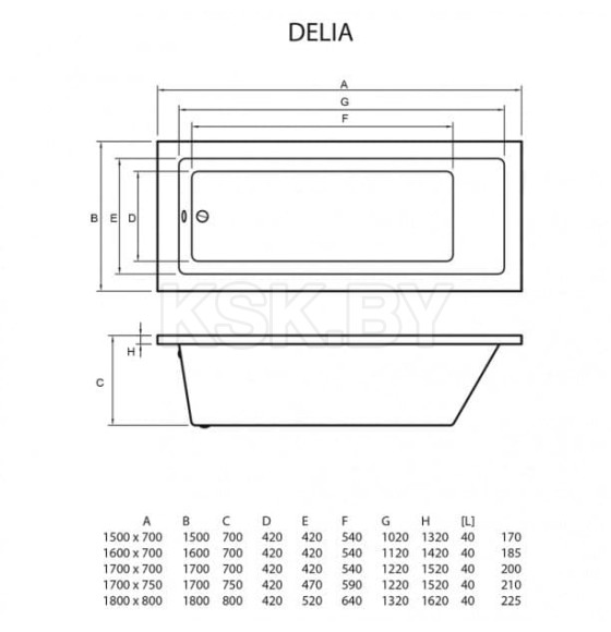 Ванна акриловая 170х70 см Bonito DELIA   (в комплекте ножки,без сифона) 