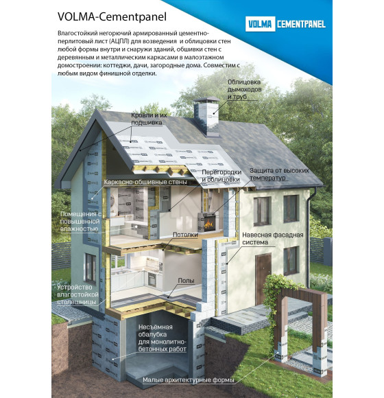 Влагостойкая цементно-перлитовая плита VOLMA CEMENTPANEL 2400х1200х9мм. ЦПП