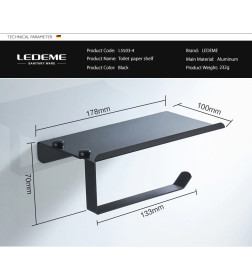 Держатель для туалетной бумаги с полкой металлический,настенный,цвет черный.Ledeme.арт.L5503-4