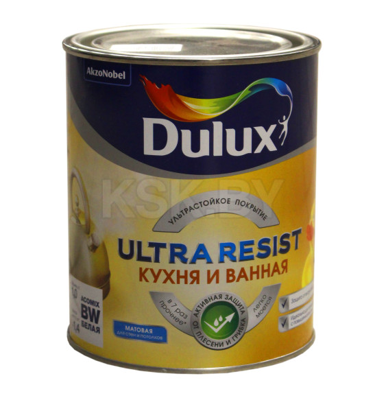 Краска водно-дисперсионная внутренняя DULUX Ultra Resist для кухни и ванной ослепительно белая мат,  1 л (1,4 кг) (5757360) 