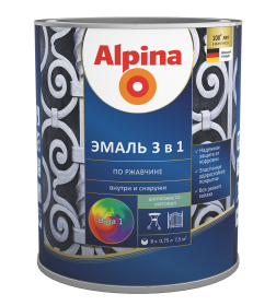 Эмаль Alpina по ржавчине 3 в 1 шелковисто-матовая База 1, 0,75 л (0,88 кг)