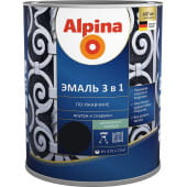 Эмаль Alpina по ржавчине 3 в 1 шелковисто-матовая RAL9005 (черный), 0,75 л (0,80 кг)