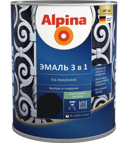 Эмаль Alpina по ржавчине 3 в 1 шелковисто-матовая RAL9005 (черный), 0,75 л (0,80 кг)