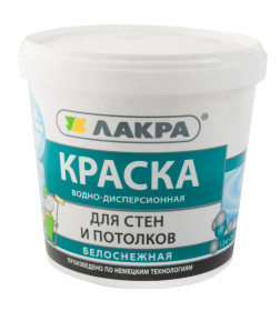 Краска водно-дисперсионная внутренняя ЛАКРА для стен и потолков белоснежный,  1,3 кг