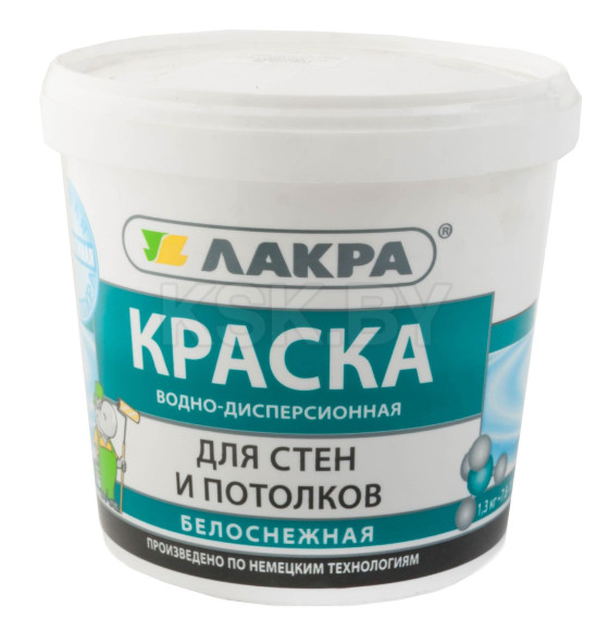 Краска водно-дисперсионная внутренняя ЛАКРА для стен и потолков белоснежный,  1,3 кг