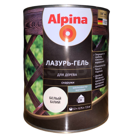 Лазурь-гель для дерева Alpina шелковисто-матовая, алкидное, белый 0,75 л / 0,7 кг (948104030) 