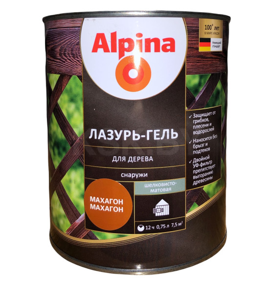 Лазурь-гель для дерева Alpina шелковисто-матовая, алкидное, махагон 0,75 л / 0,66 кг (948103822) 