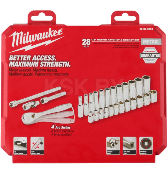 Набор метрических головок с воротком Milwaukee 1/4 дюйма (28 предметов) (4932464943) 