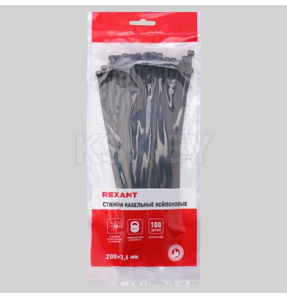 Хомут nylon 200х3,6мм черный (уп.100 шт.) Rexant (07-0201)