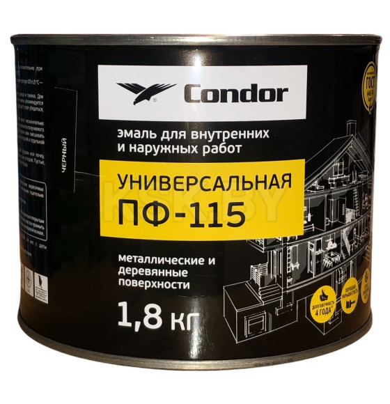 Эмаль ПФ-115 CONDOR черный ГОСТ 6465-76, банка 1,8 кг